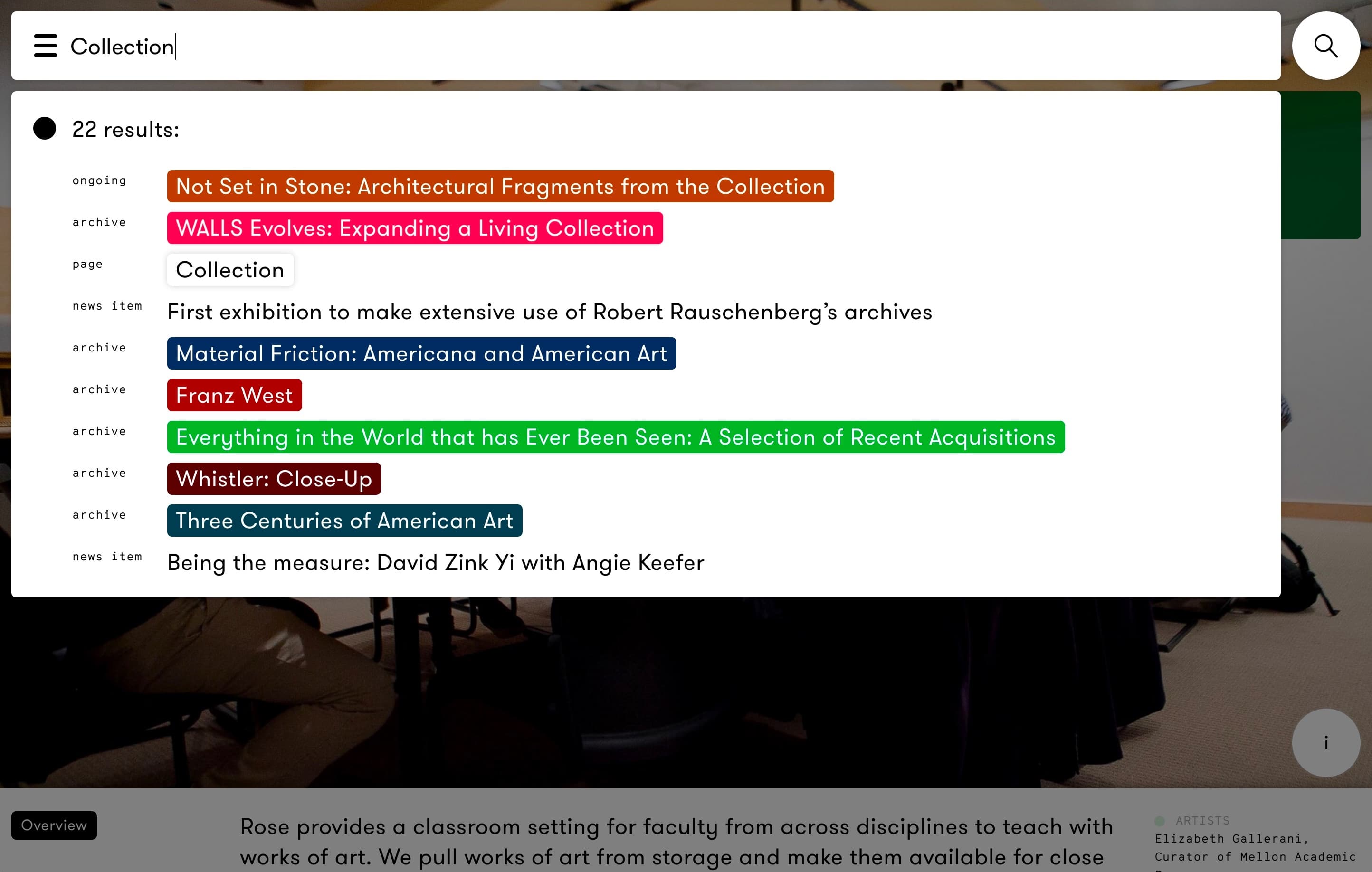 Screenshot of wcma.williams.edu — Search