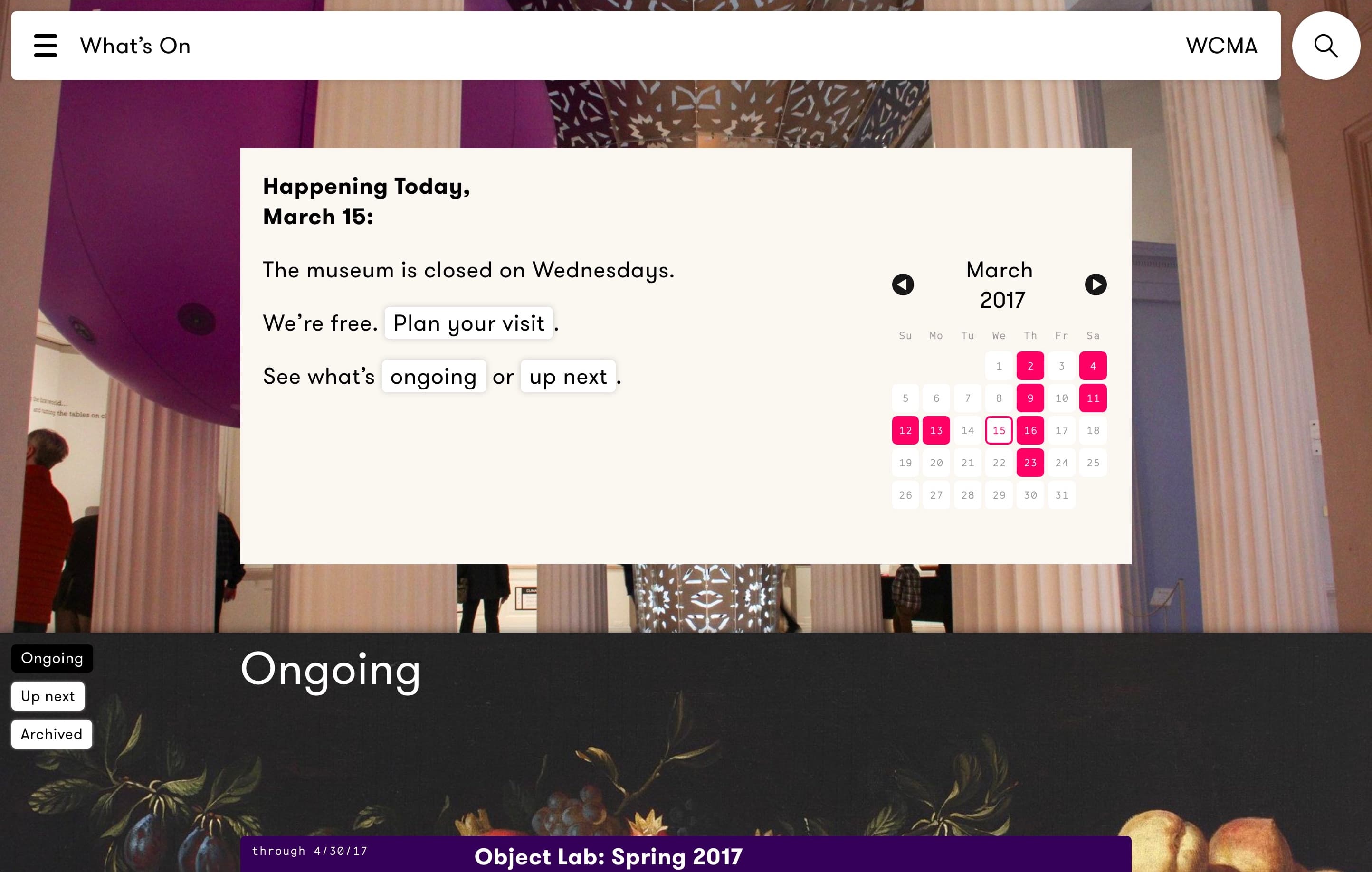 Screenshot of wcma.williams.edu — Calendar