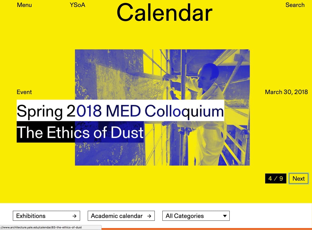 Screenshot of the yellow calendar page of the website, with a purple duotone image of a featured event