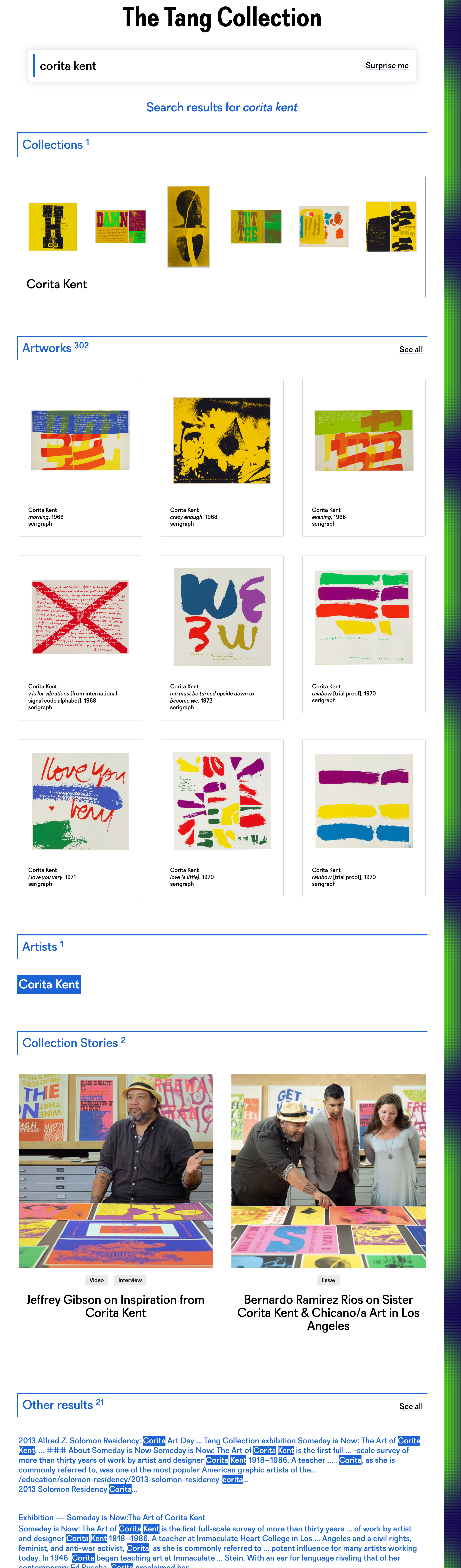 A screenshot of collection search results for Corita Kent showing grouped thumbnails of collections, artworks, the artist, stories, and other results.