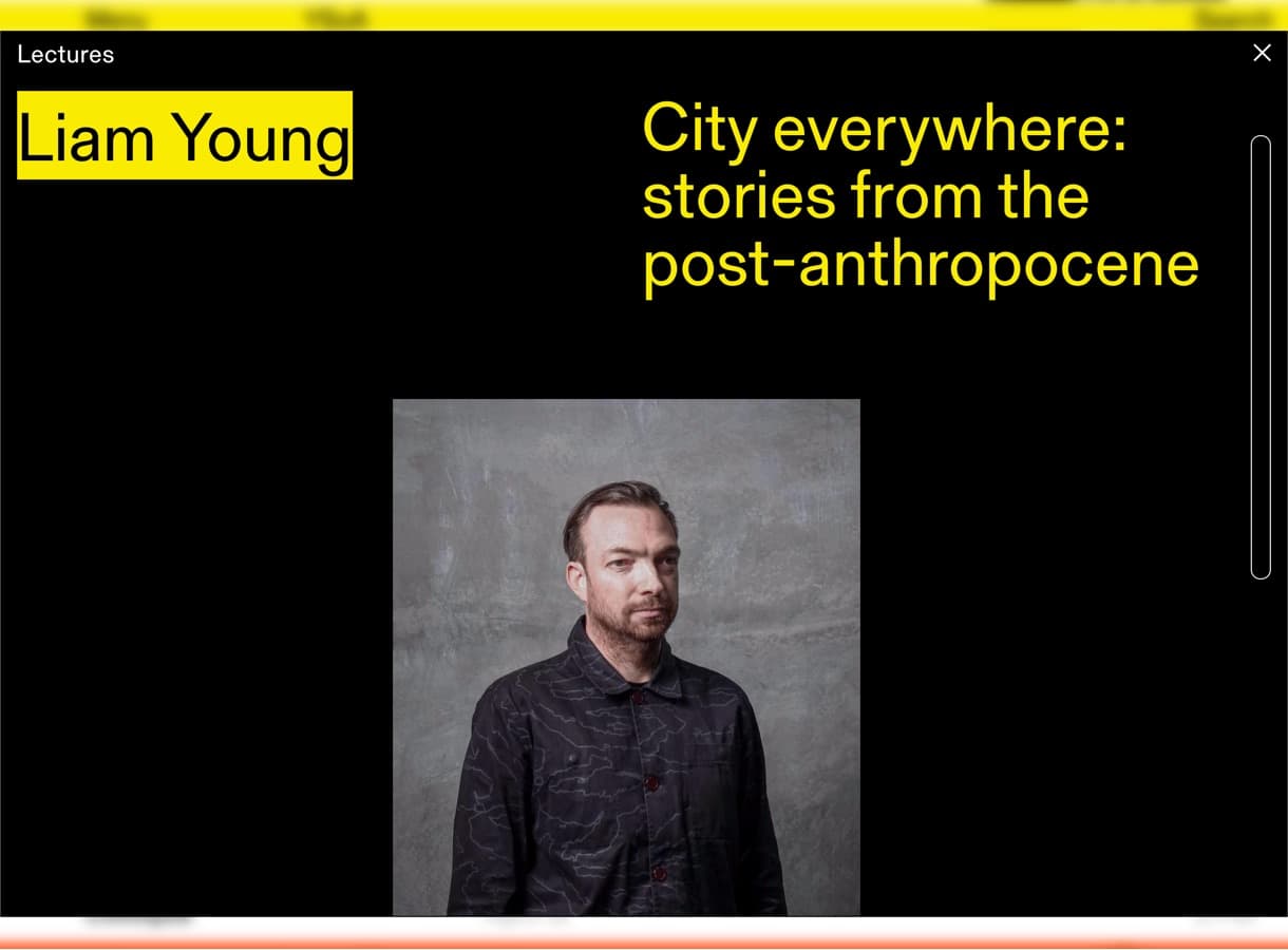 Screenshot of an individual event page on the website, with yellow text on a black background a color image of the featured speaker
