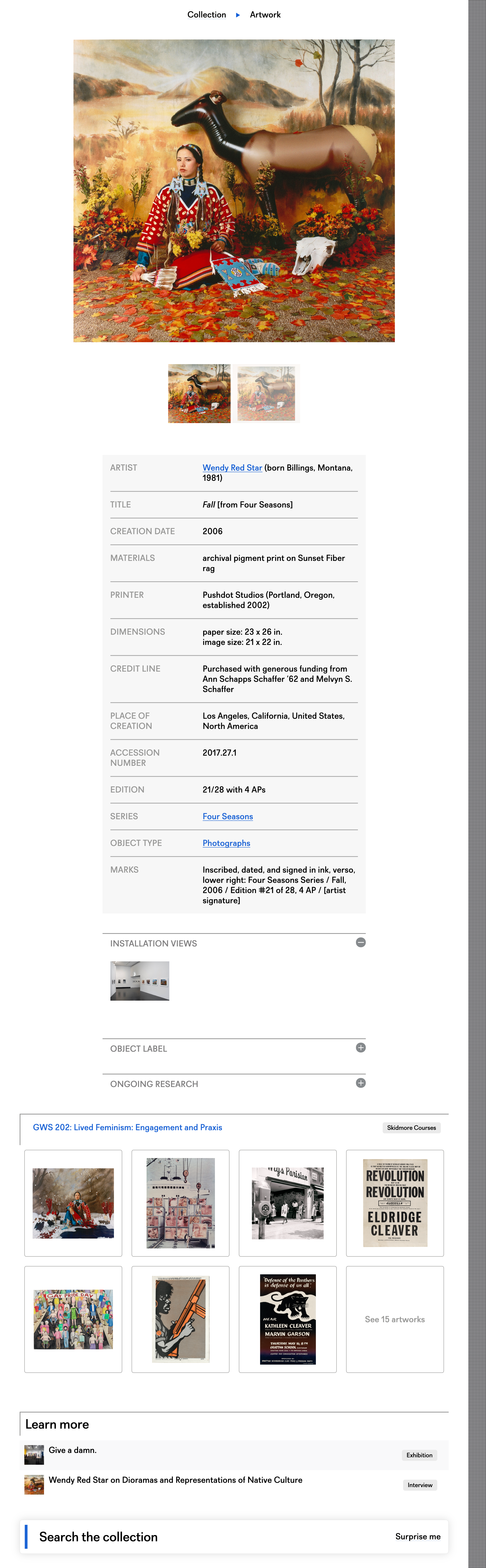 A screenshot of an object page from the Tang Collection area showing Wendy Red Star's Fall (from Four Seasons), 2006