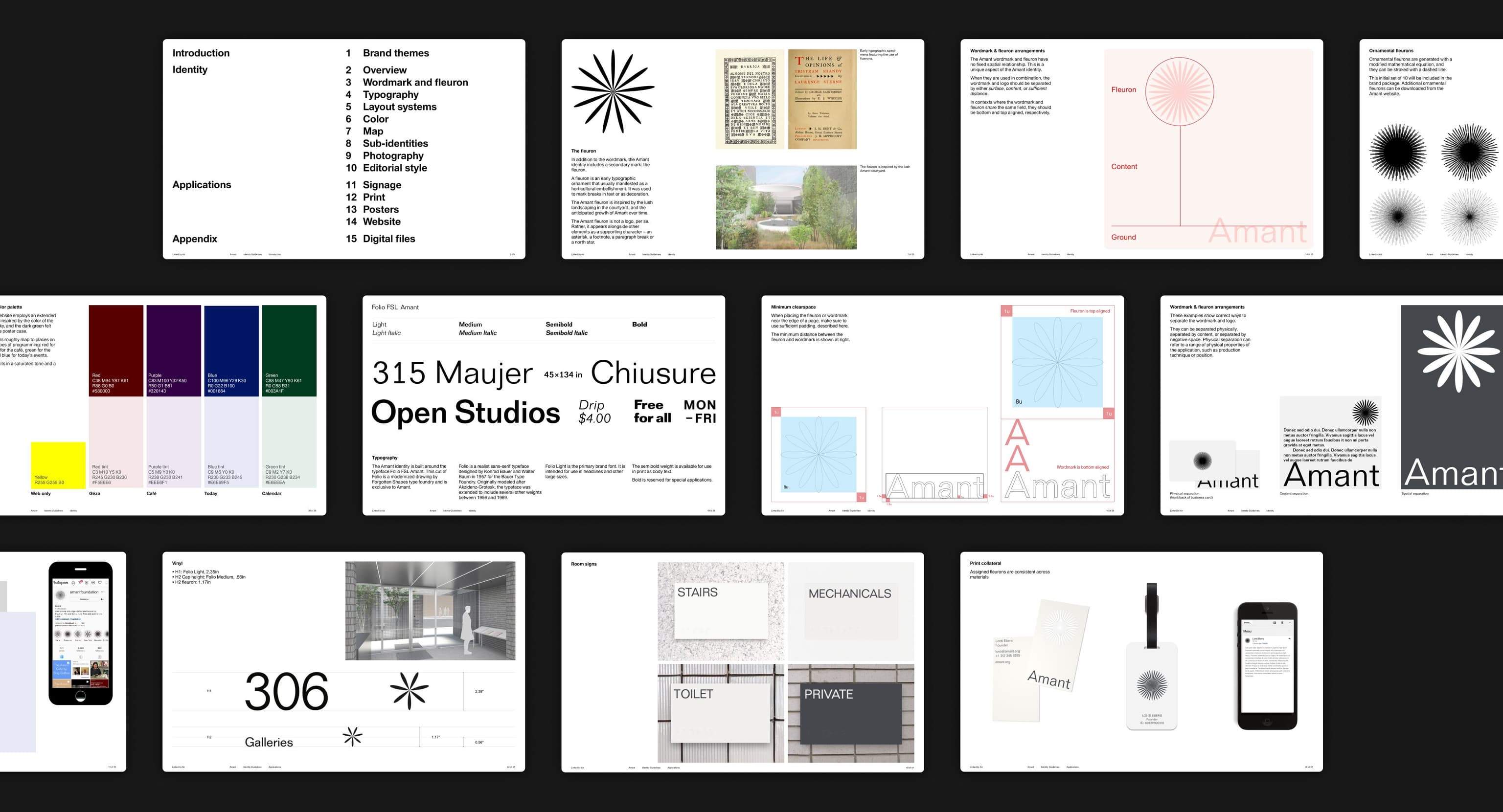Several pages from the Amant brand guidelines document.
