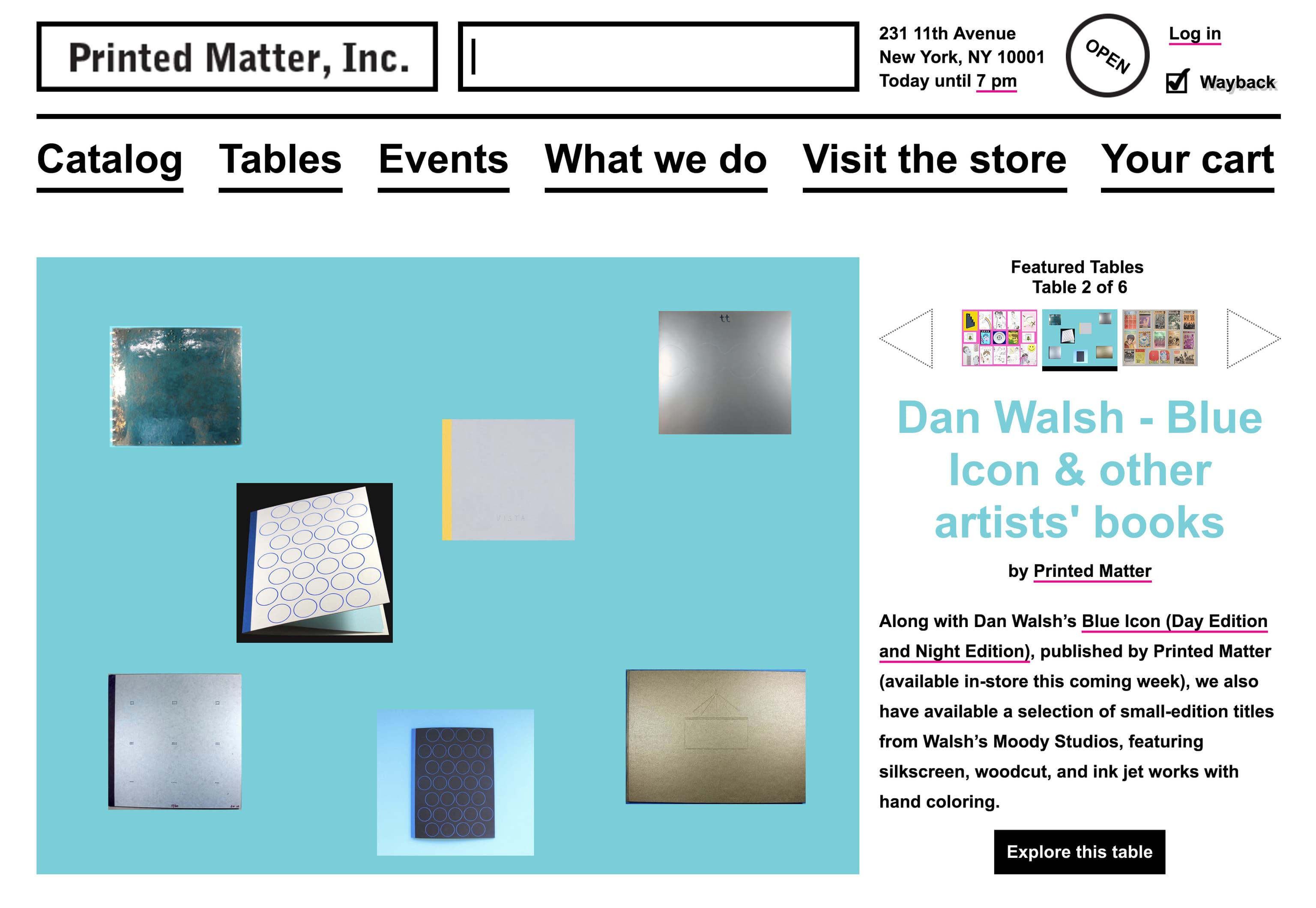 Screenshot of Printed Matter's homepage on desktop, featuring a table of books curated by Printed Matter