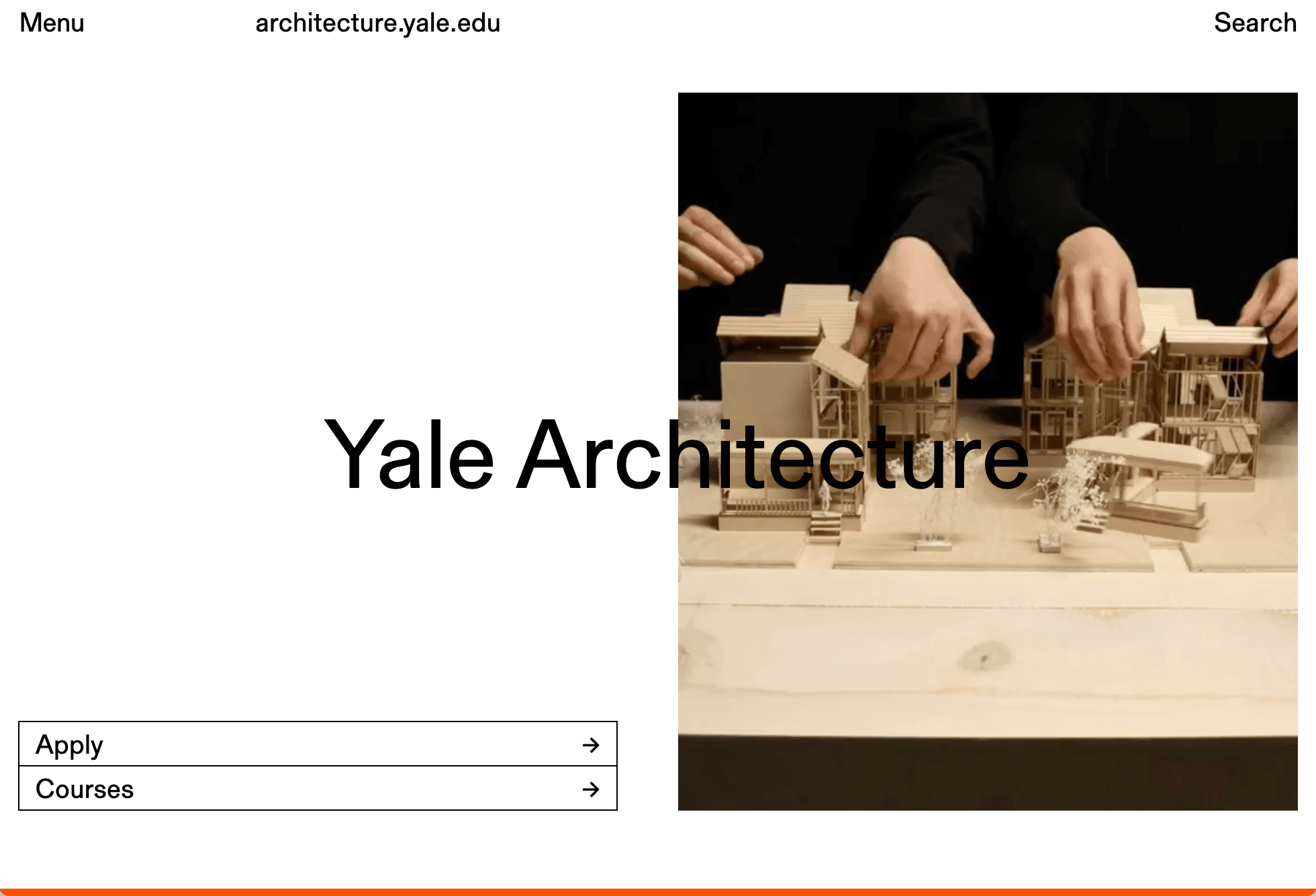 Screenshot of the top of the school's website on desktop, showing hands working on a building model, the top menu options, and calls to action to "Apply" and "Courses"