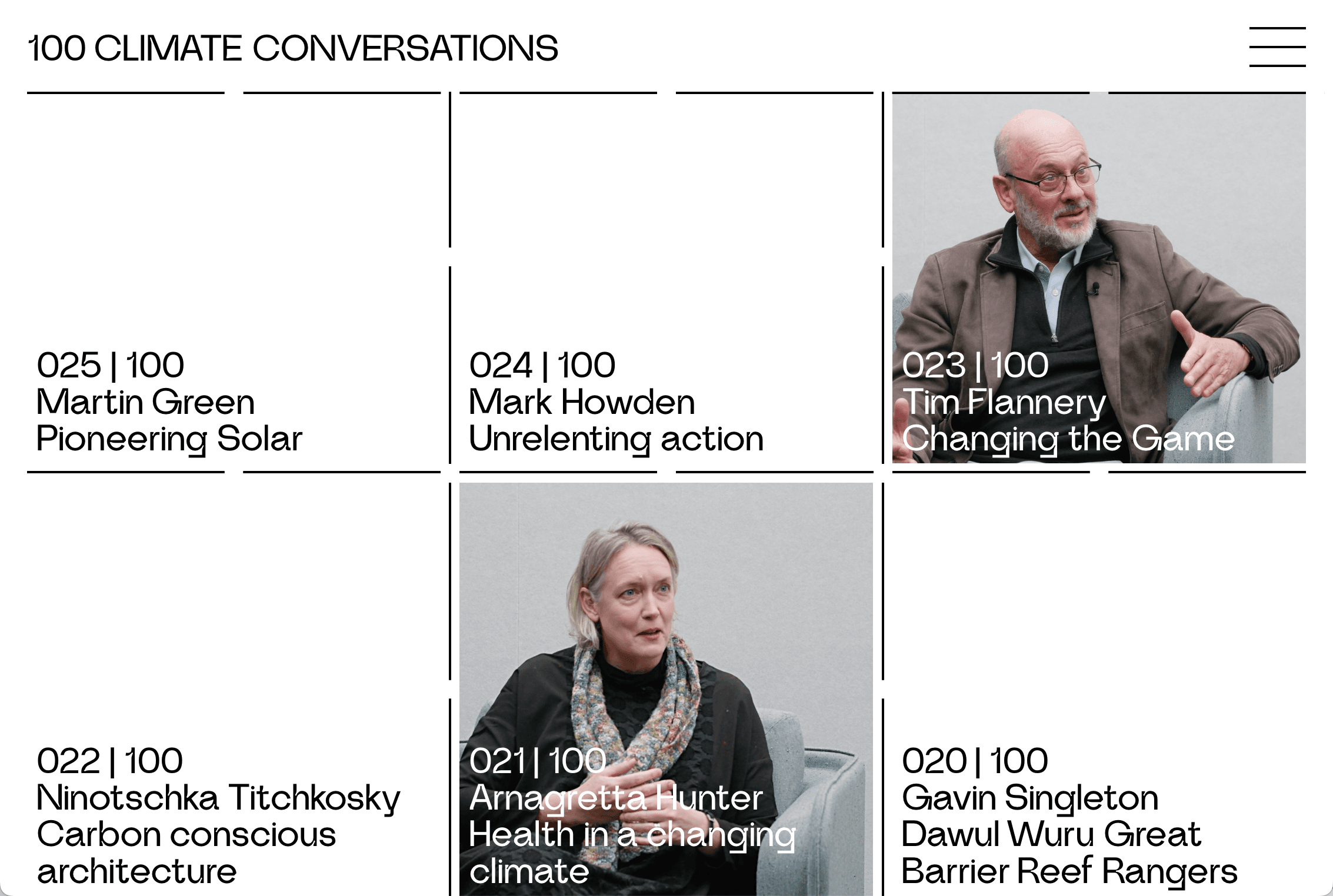 100 Climate Conversation—grid of past episodes 020–025