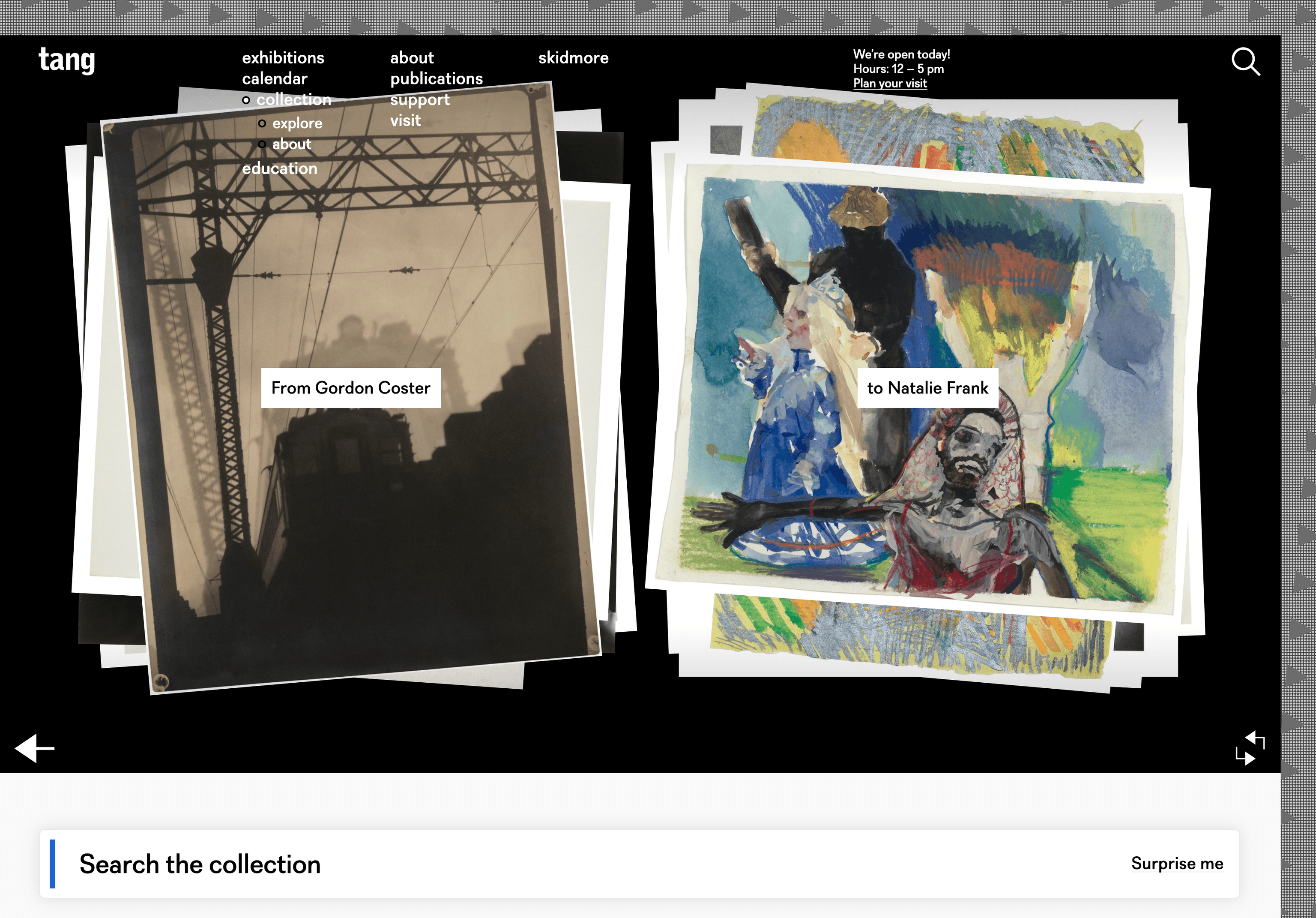 A screenshot of the Tang Collection random artwork generator feature showing works from Gordon Coster and Natalie Frank