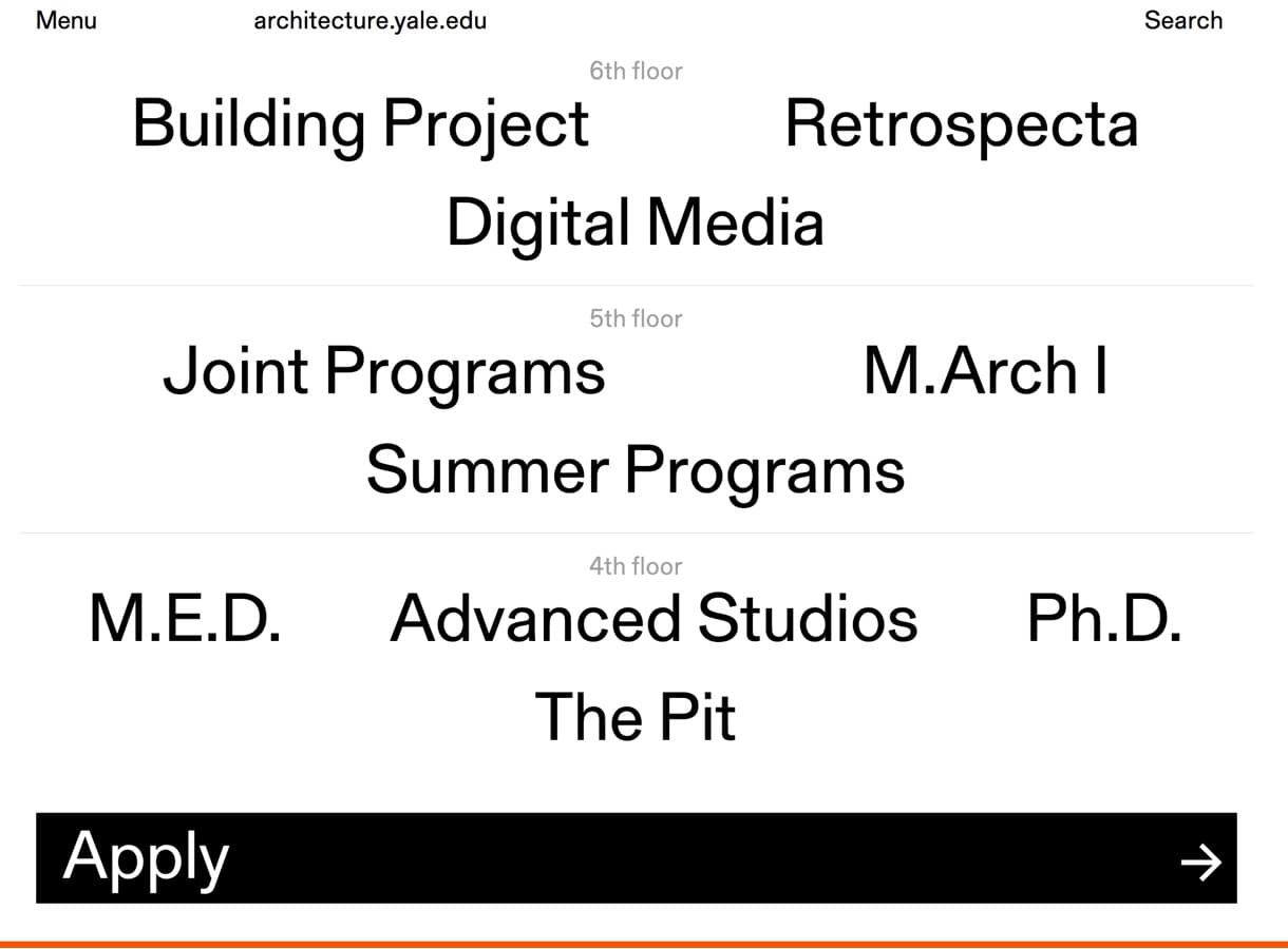 Screenshot from the homepage with links to each program organized by the section plan of the building