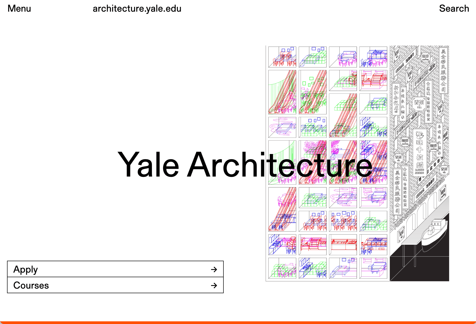 Screenshot of the top of the school's website on desktop, with featuring an image of a colorful line-art illustration