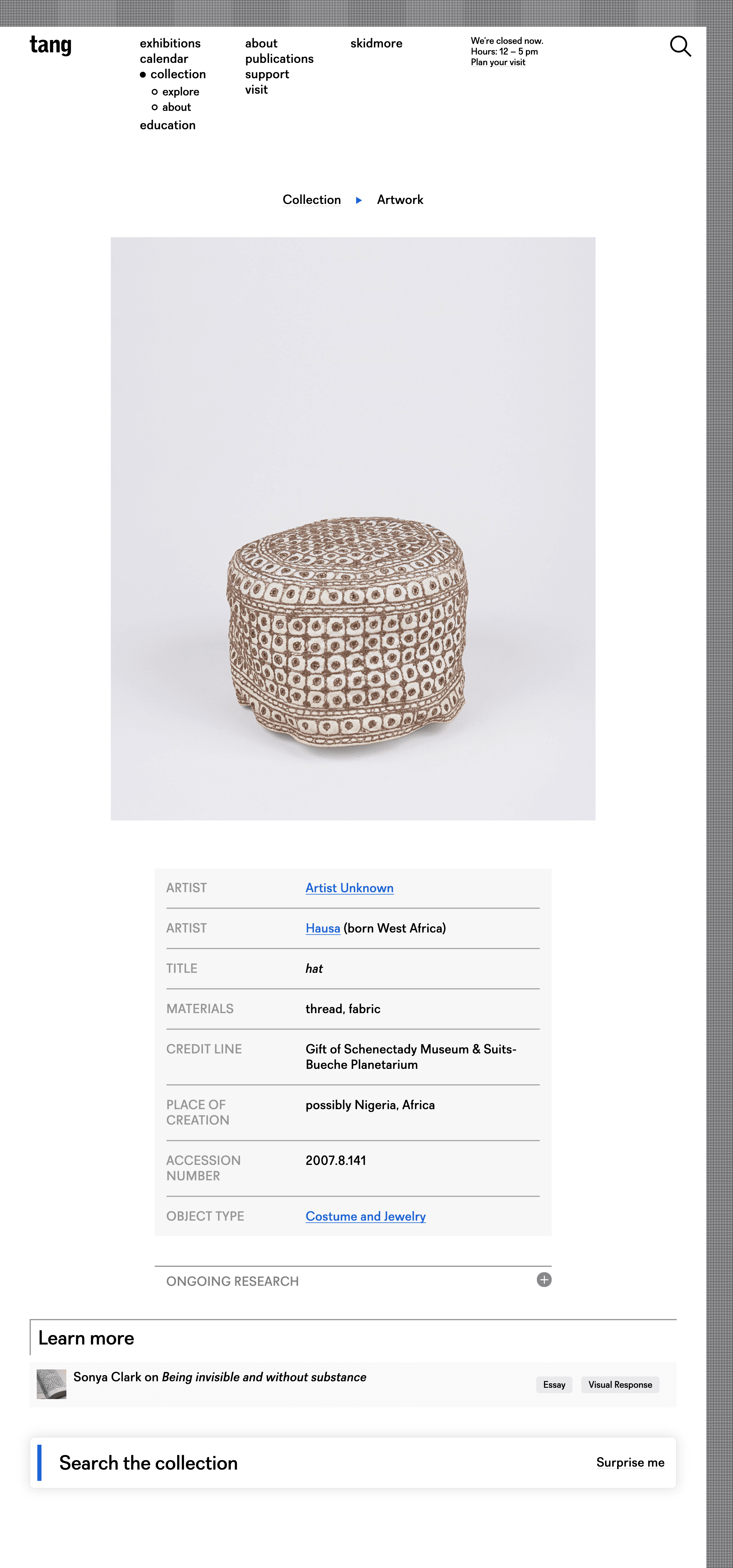 A screenshot of an object page from the Tang Collection area showing a Hausa hat possibly from Nigeria