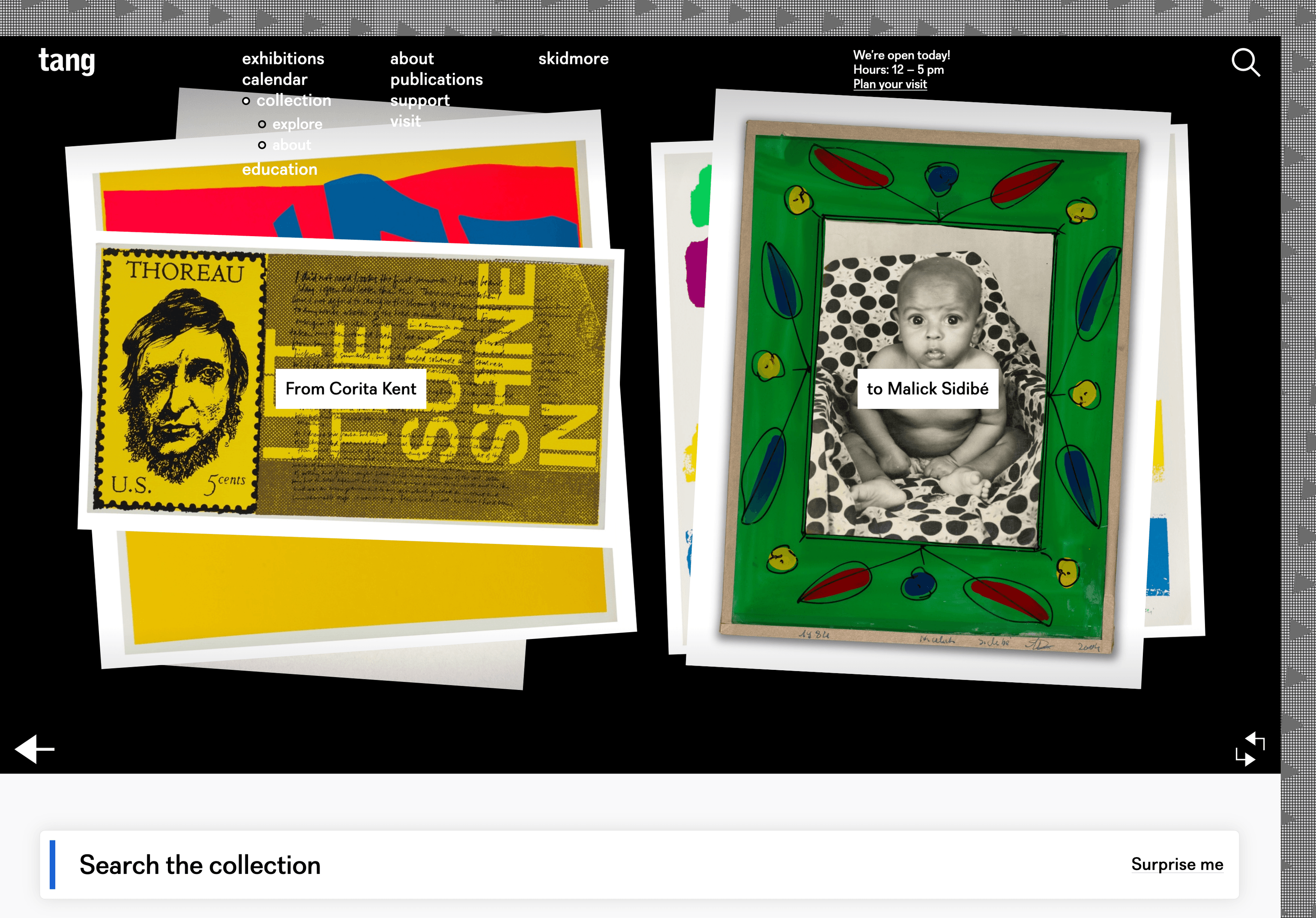 A screenshot of the Tang Collection random art work generator feature showing works by Corita Kent and Malick Sidibé.