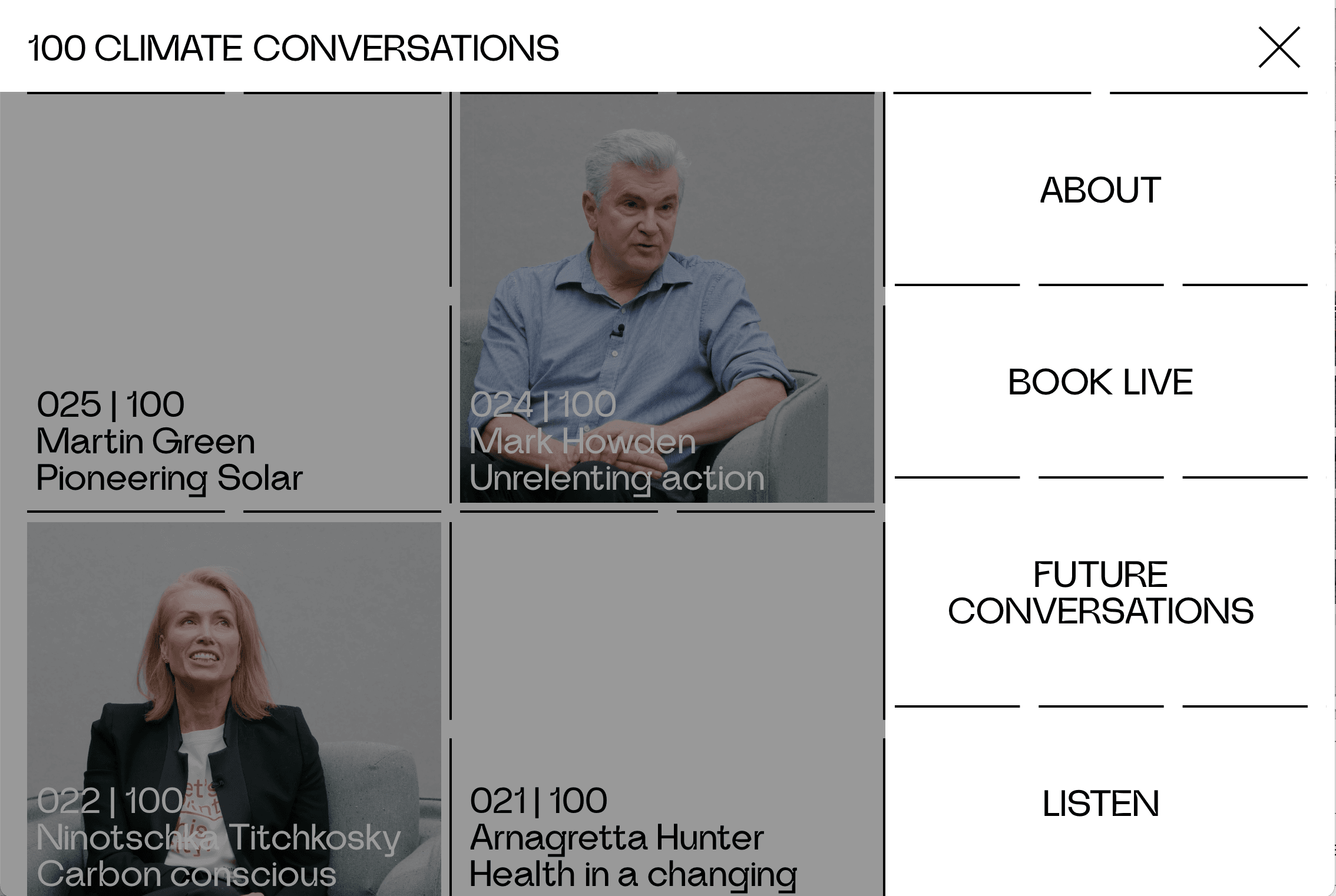 100 Climate Conversation—grid of past episodes 020–025—open menu